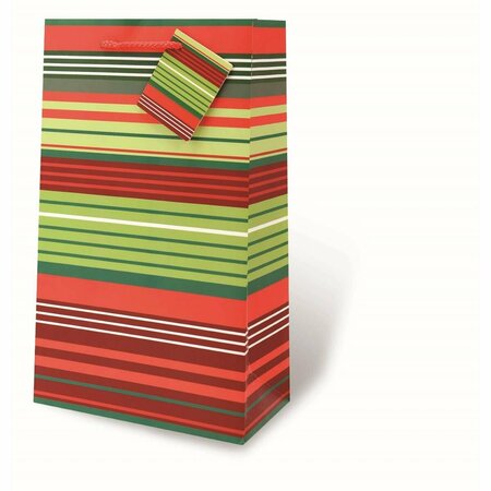 WRAP-ART 2-Bottle Christmas Stripes Printed paper Bag with Plastic Rope Handle 17958